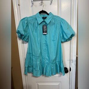 NWT Gigio M pp21 Elegant Turquoise Blouse Top with Ruffle Details